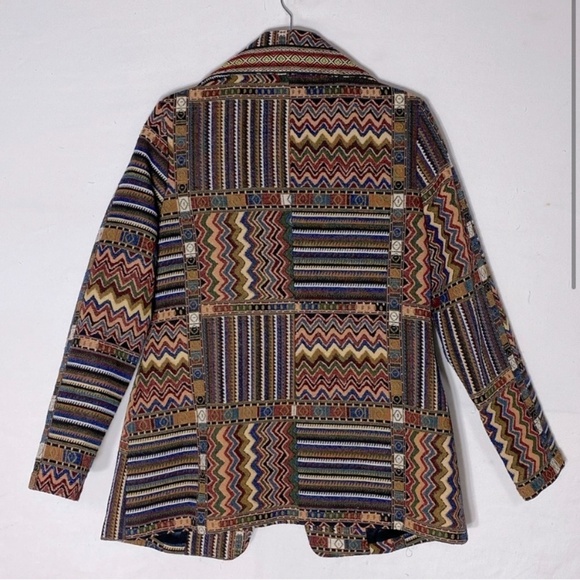 Fresh FX Chevron Stripe Jacquard Tapestry Zip Up Wide Collar Pea Style Jacket L - Picture 2 of 14